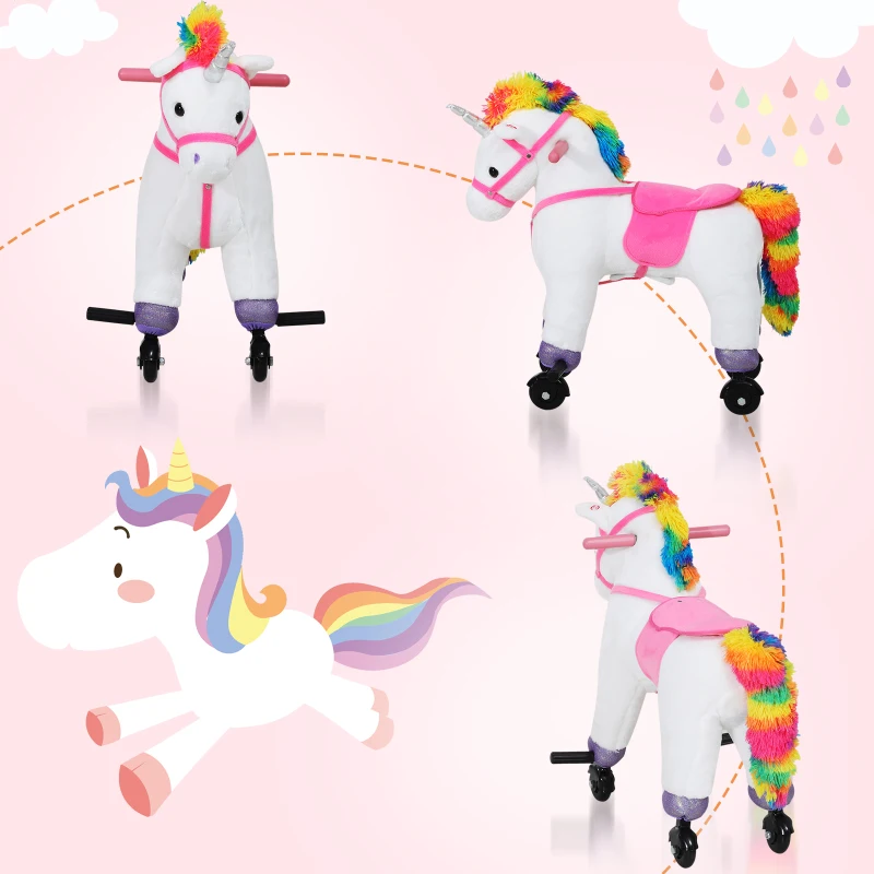 Qaba Kids Plush Toy Ride-on Rocker Unicorn Horse Rolling Pony w/ Realistic Sound - White
