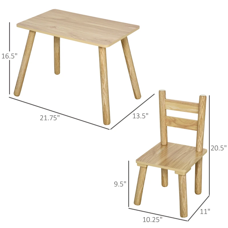 Qaba Kids Wooden Table and Chair Set, Play Activity Table for Arts, Crafts, Dinning, and Reading for Toddlers Age 2 to 5, Natural Wood