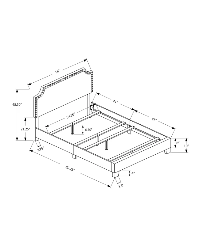 Monarch Full Size Contemporary Upholstered Bed Frame with Cutout Headboard, Brass Nail Head Trim and Wood Legs - Beige Linen Look