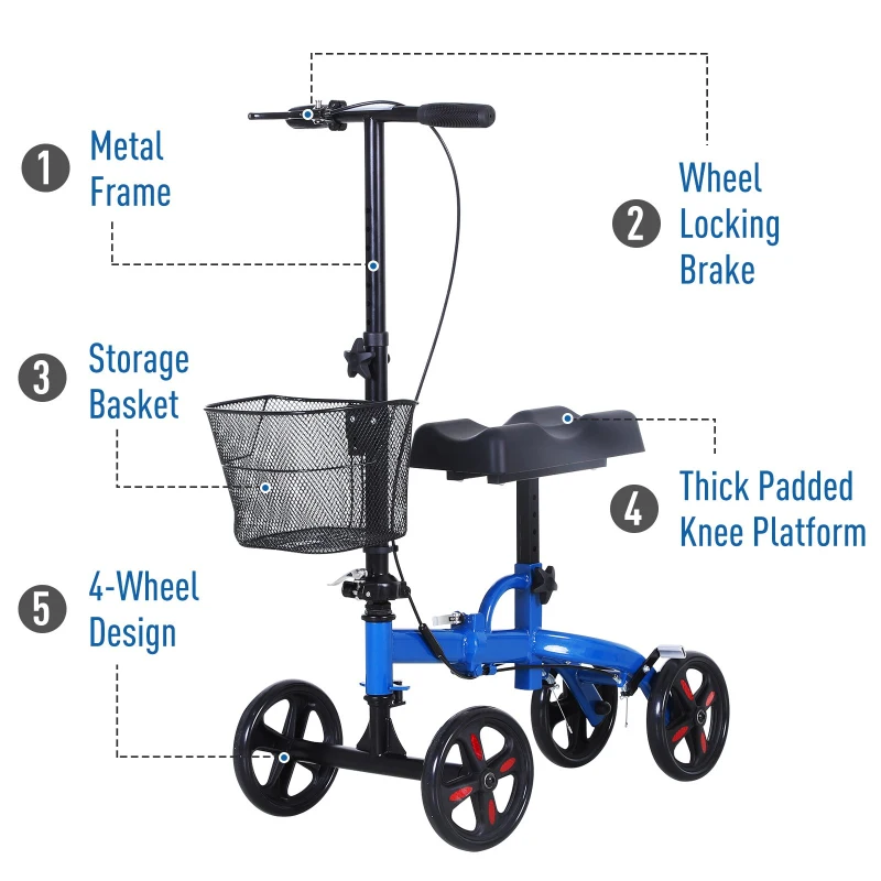 HOMCOM Portable Knee Scooter Crutch  Alternative W/ Non-Marking Wheel