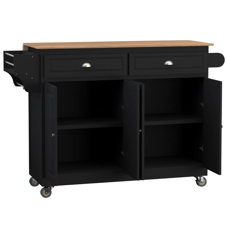 HOMCOM Rolling Kitchen Island on Wheels Ultility Cart with Drop-Leaf and Rubber Wood Countertop, Storage Drawer, Door Cabinet, Black