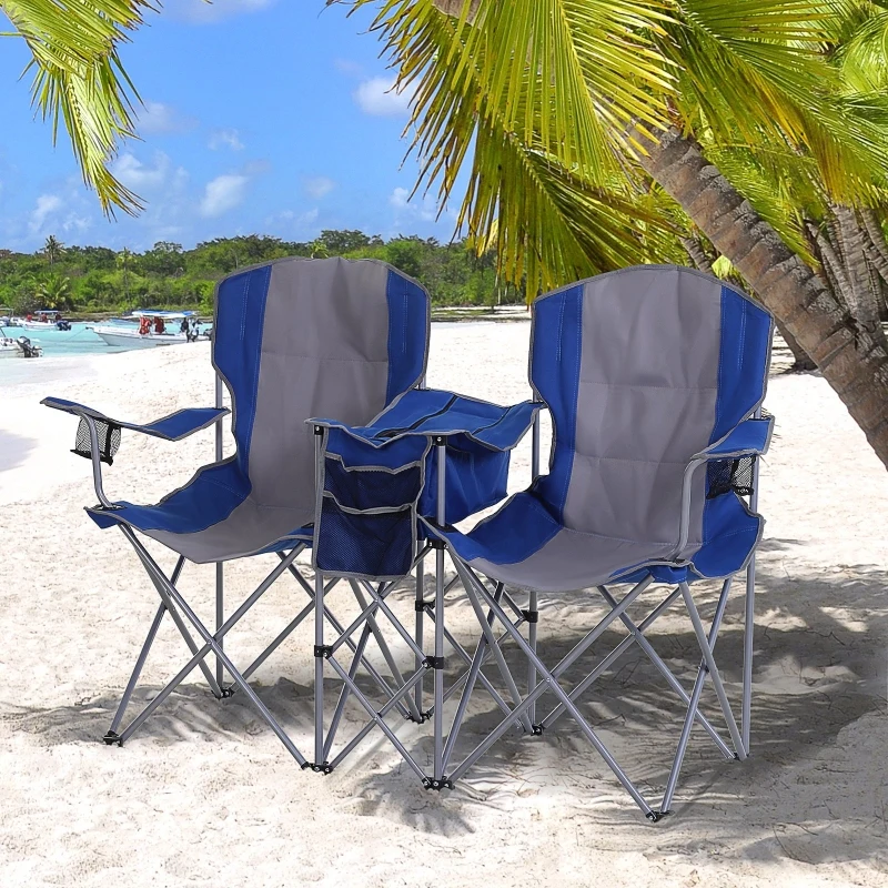 Outsunny 2-Person Folding Oxford Metal Portable Camping Chair with Center Ice Bag & Included Magazine Sleeve - Blue