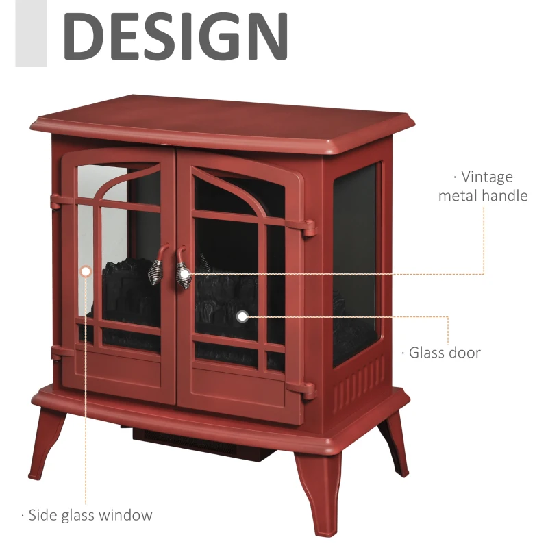 HOMCOM Electric Fireplace Heater, Fireplace Stove with Realistic LED Flames and Logs, Remote Control and Overheating Protection, 1400W, Red