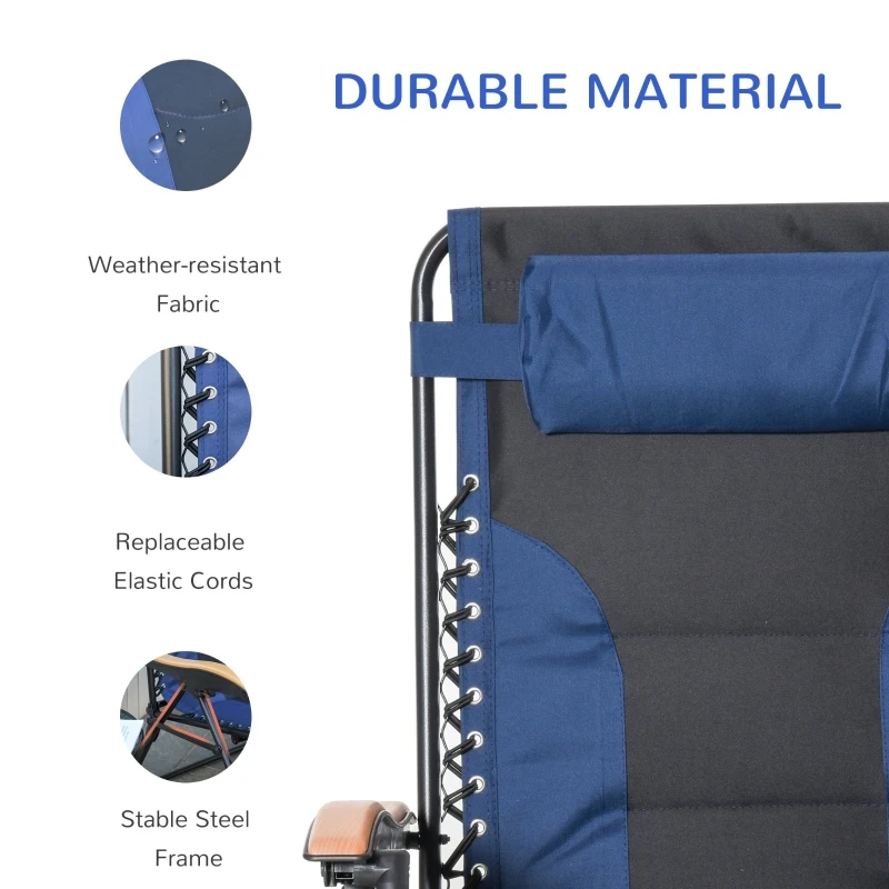 Outsunny Foldable Outdoor Lounge Chair with Footrest, Oversized Padded Zero Gravity Lounge Chair with Headrest, Cup Holders, Armrests for Camping, Lawn, Garden, Pool, Blue