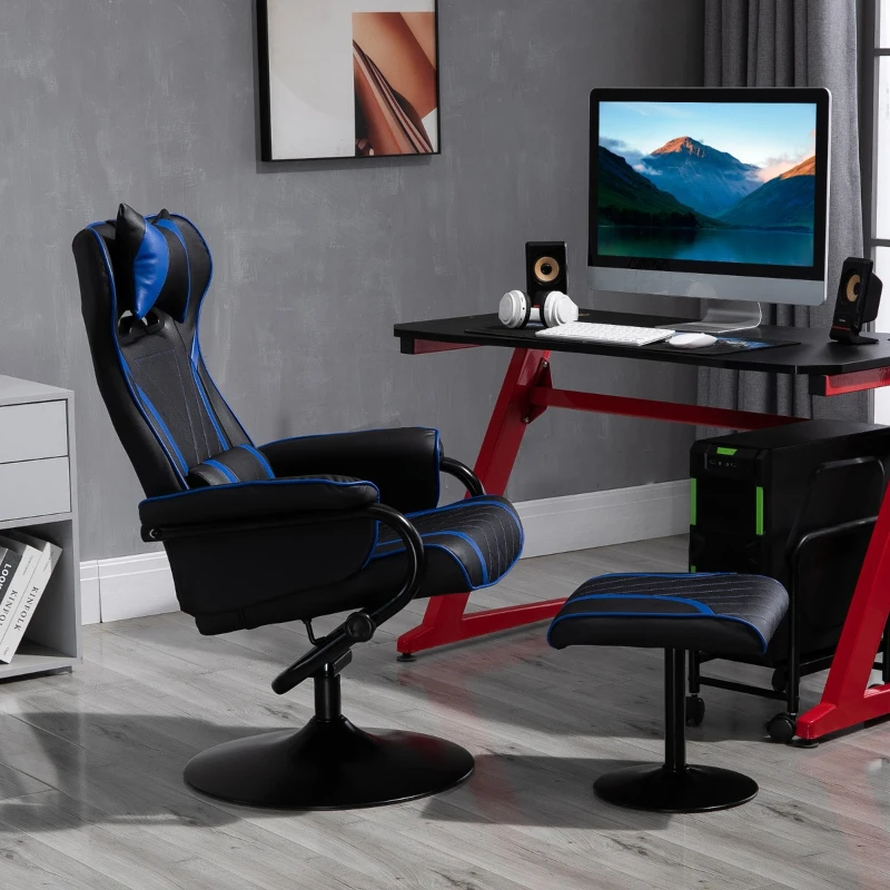 Vinsetto High Back Video Gaming Recliner with Ottoman, Racing Style PC Computer Office Chair, Swivel with Headrest & Lumbar Support, Adjustable Height, Black/Blue
