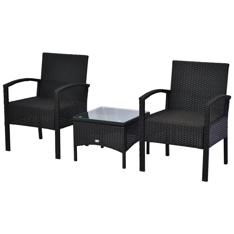 Outsunny 3 Pieces Wicker Patio Furniture Set, Rattan Bistro Set with Coffee Table and Cushions, Outdoor Conversation Set for Garden, Porch, Balcony, Black