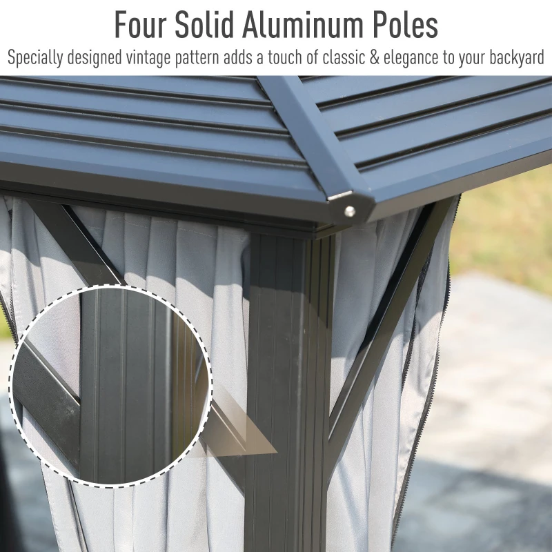 Outsunny 10' x 10' Steel Hardtop Gazebo Garden Sun Shelter with Mosquito Netting and Curtains Hanging Hook Aluminum Frame