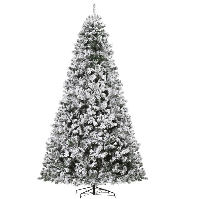 HOMCOM 9ft Snow Flocked Fake Christmas Tree with 2094 Branches 900 LED Warm White Light for Holiday Decoration - Green