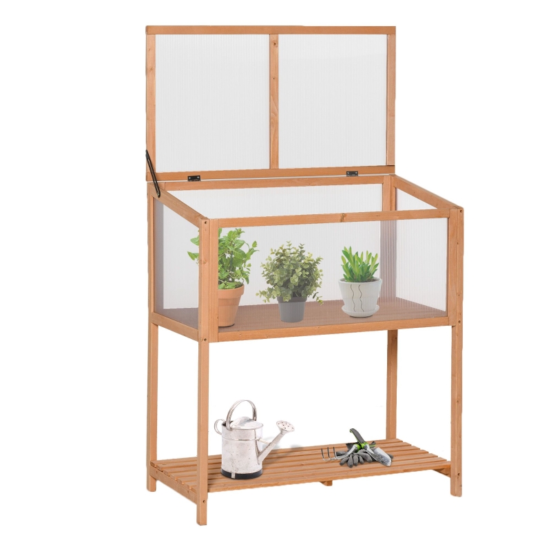 Outsunny 36" x 20" x 41" Greenhouse Raised Potted Plant Protection Box Outdoor with Openable Top, Wooden Cold Frame Orange