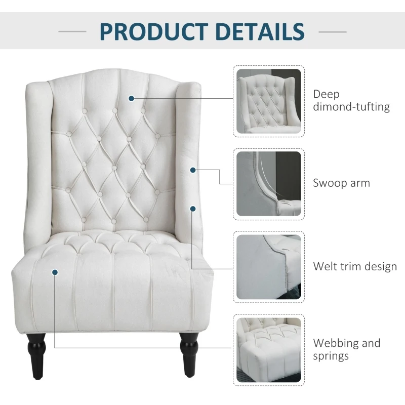 HOMCOM Linen Fabric Button Tufted Wingback Accent Chair with Thick Padded Cushioned Seats and Wooden Legs for Living Room and Bedroom, Beige