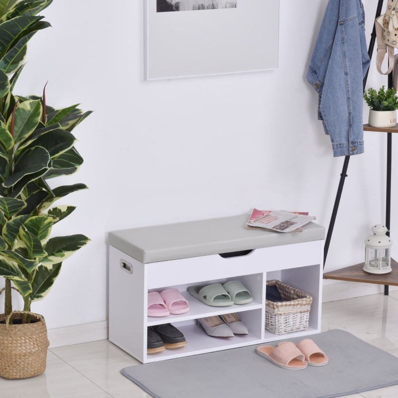HOMCOM Shoe Bench Entryway Rack Storage Organizer with Padded Cushion PU Cover for Hallway Living Room Bedroom Corridor White and Grey