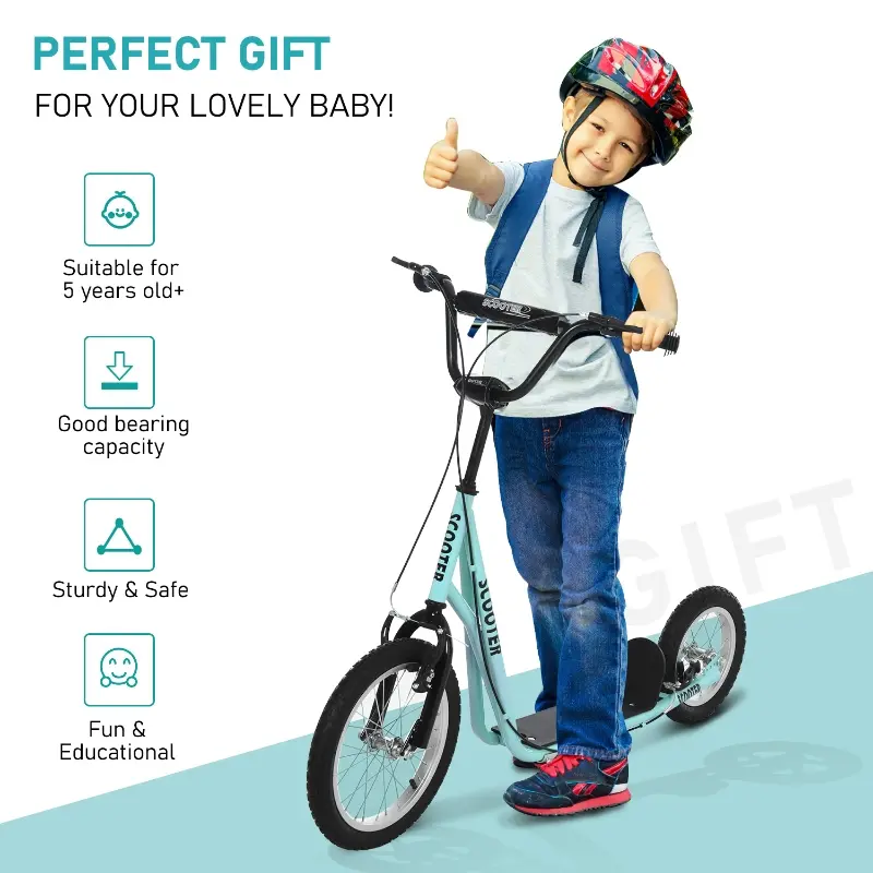 Aosom Teens Youth Scooter Ride On Toy with Adjustable Handlebar, Dual Brakes, and Inflatable Wheels For Kids 5+, Blue