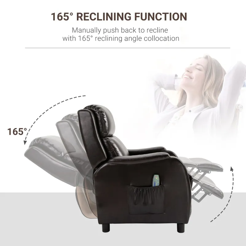 HOMCOM Massage Recliner Chair Padded Seat Cushion 165° Reclining Sofa with Side Pocket for Living Room, PU Leather, Remote Control, Dark Brown