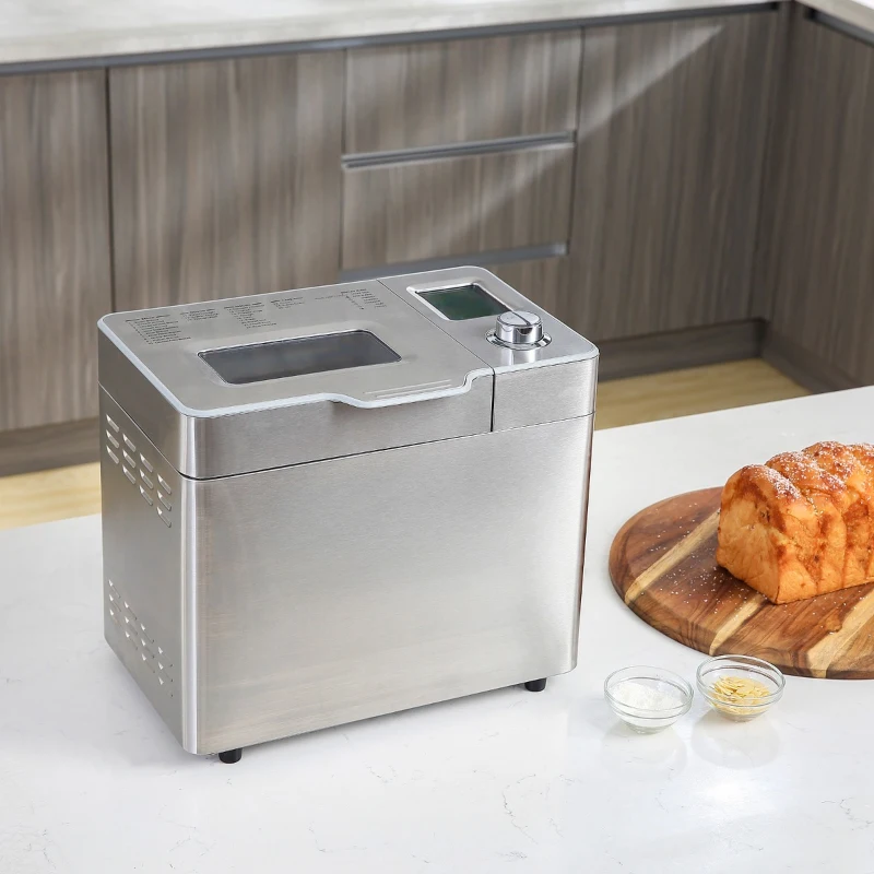 HOMCOM 2LB Bread Maker, Stainless Steel Bread Machine with 25 Programmable Settings, 3 Shade Crust Options, LCD Display, Gluten Free, Silver