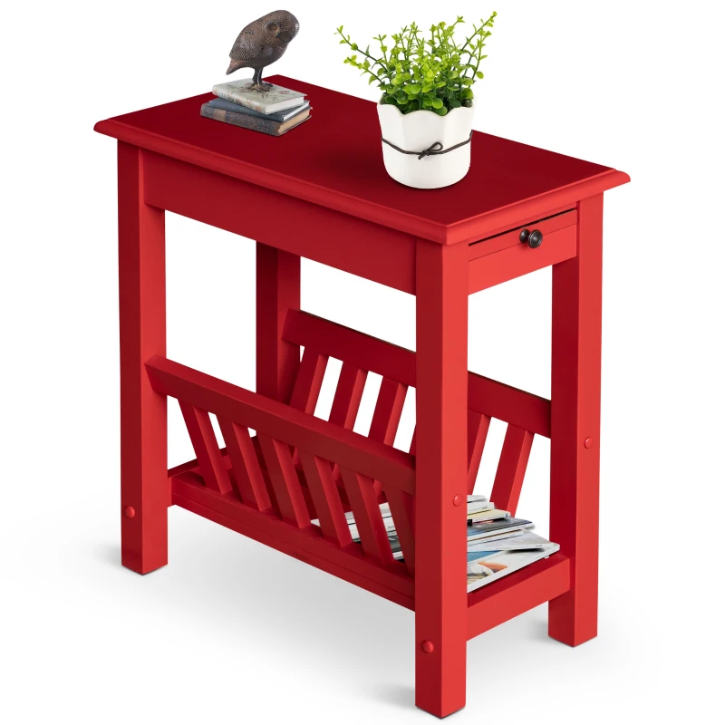 HOMCOM Modern 2-Tier Acacia Wood End Table Side Desk with Cup Holder and  Lower Shelf - Red