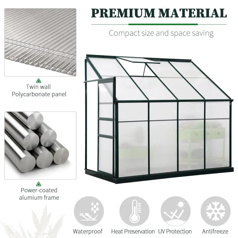 Outsunny Walk-In Garden Greenhouse Aluminum Polycarbonate with Roof Vent for Plants Herbs Vegetables 8' x 4' x 7' Green