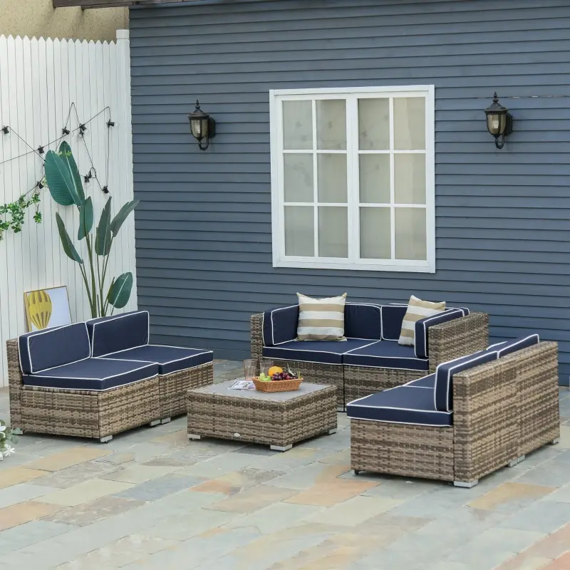 Outsunny 7-Piece Outdoor Wicker Patio Sofa Set, Modern Rattan Conversation Furniture Set with Cushions, Pillows and Tea Table - Blue