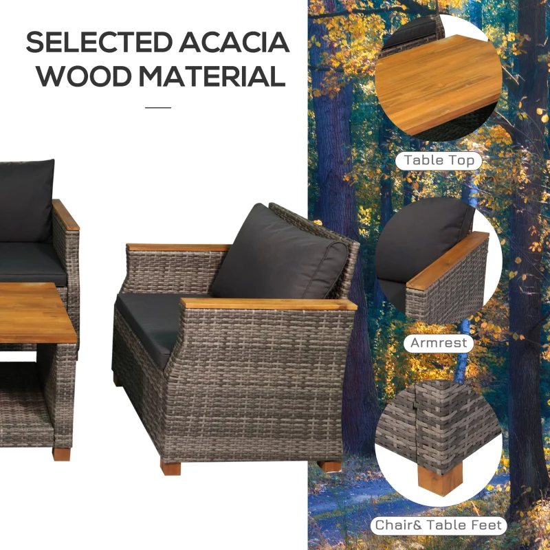 Outsunny 4 Piece Patio PE Rattan Wicker Sofa Set with Acacia Wood Coffee Table, 2 Comfort Single Chairs & 2 Person Couch