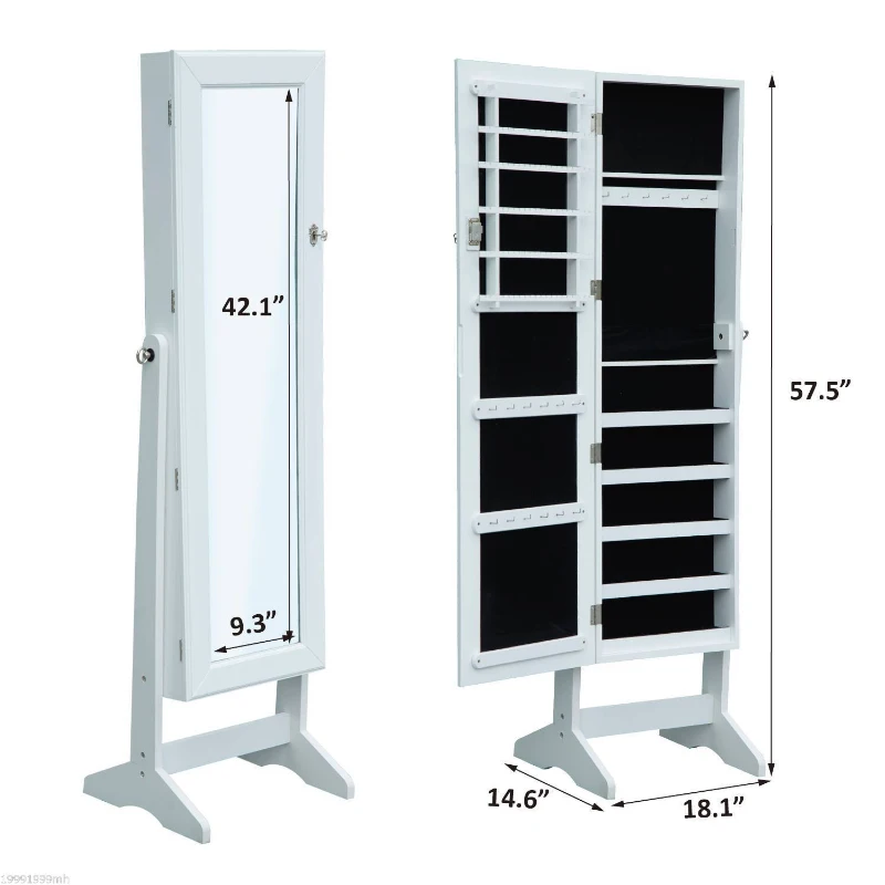 HOMCOM Mirrored Jewellery Cabinet Armoire Stand Organizer for Rings Earrings Bracelets Lockable White