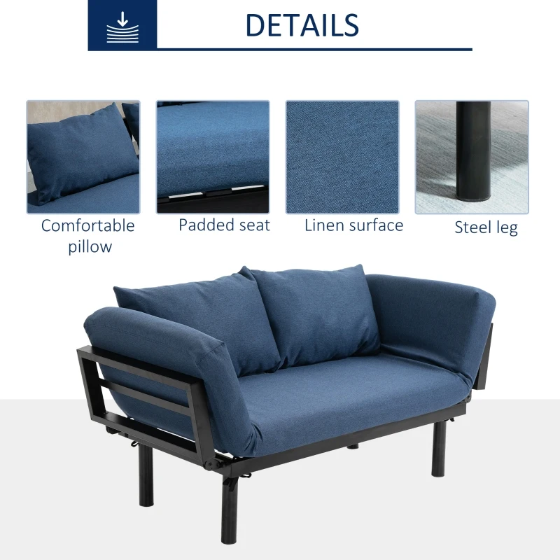 HOMCOM Single Person Chaise Lounger, Modern Sofa Bed with 5 Adjustable Positions, 2 Large Pillows, and Birch Legs, Blue