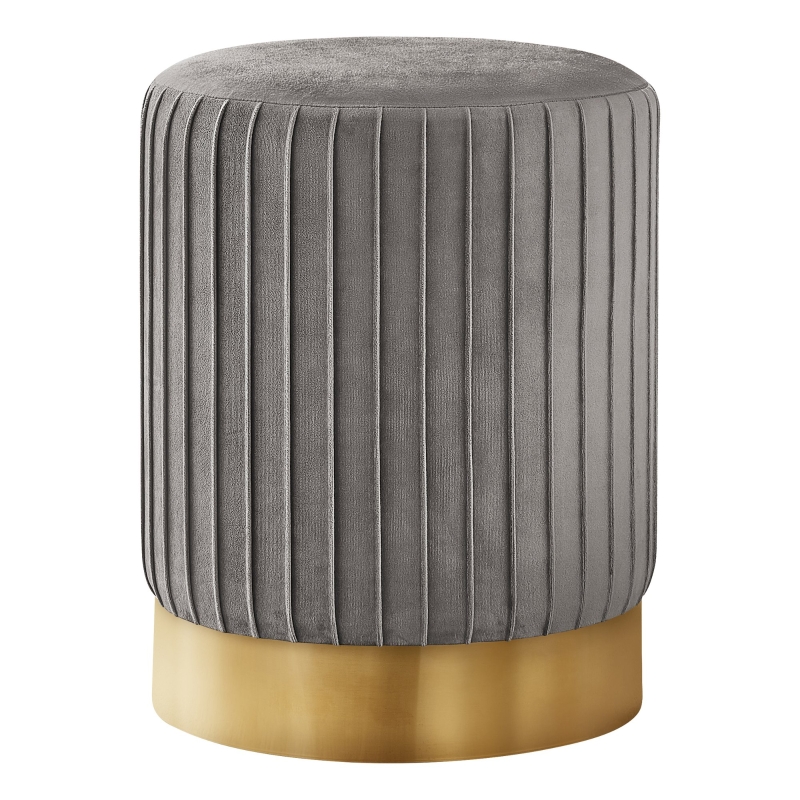 Monarch Upholstered Round Ottoman Pouf Stool with Metal Base - Grey Velvet / Gold Metal