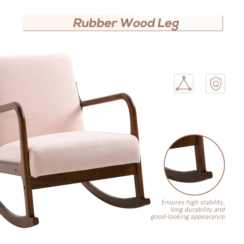 HOMCOM Upholstered Rocking Armchair with Wood Base and Linen Fabric Padded Seat for Living Room, Pink