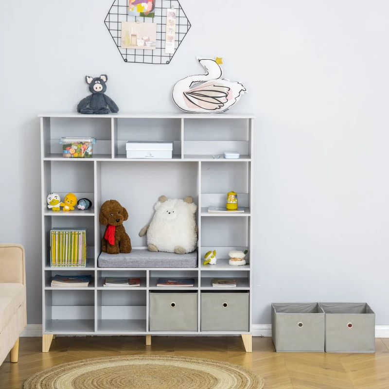 HOMCOM Kids Cube Storage Shelves with Bins and Large Storage for Kids Bedroom, Multiple Storage Units for Big Capacity Kids Shelf with Seat Featuring Thick Cushioning, Grey