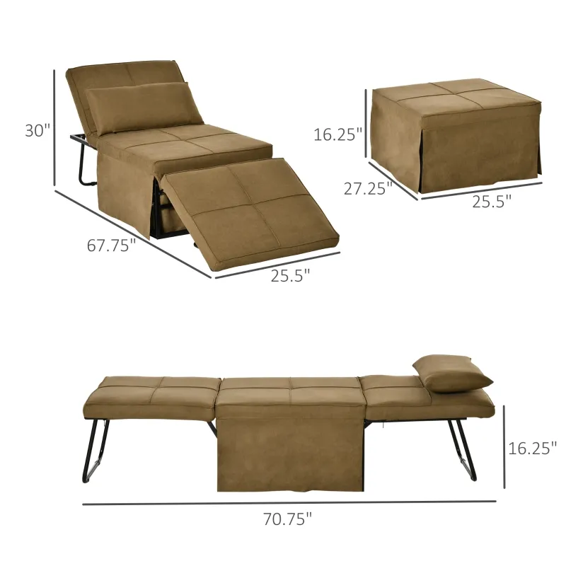 HOMCOM 4-in-1 Multi Function Folding Single Sofa Bed with Retractable Footrest, Convertible Sleeper with Adjustable Backrest For Living Room and Small Spaces, Brown