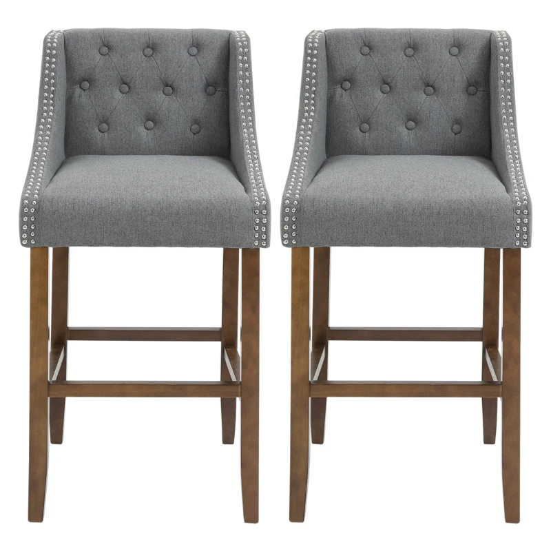 HOMCOM Modern Bar Height Bar Stools Set of 2, 30" Seat Height Bar Chair for Kitchen Living Room with Mid Back, Wood Legs, Nailhead Trim & Tufted Upholstery, Dark Grey