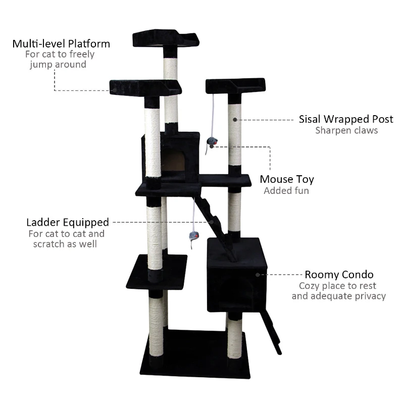 Pawhut Multi-level Cat Scratcher Tree Condo Furniture Play Tower Climber Black