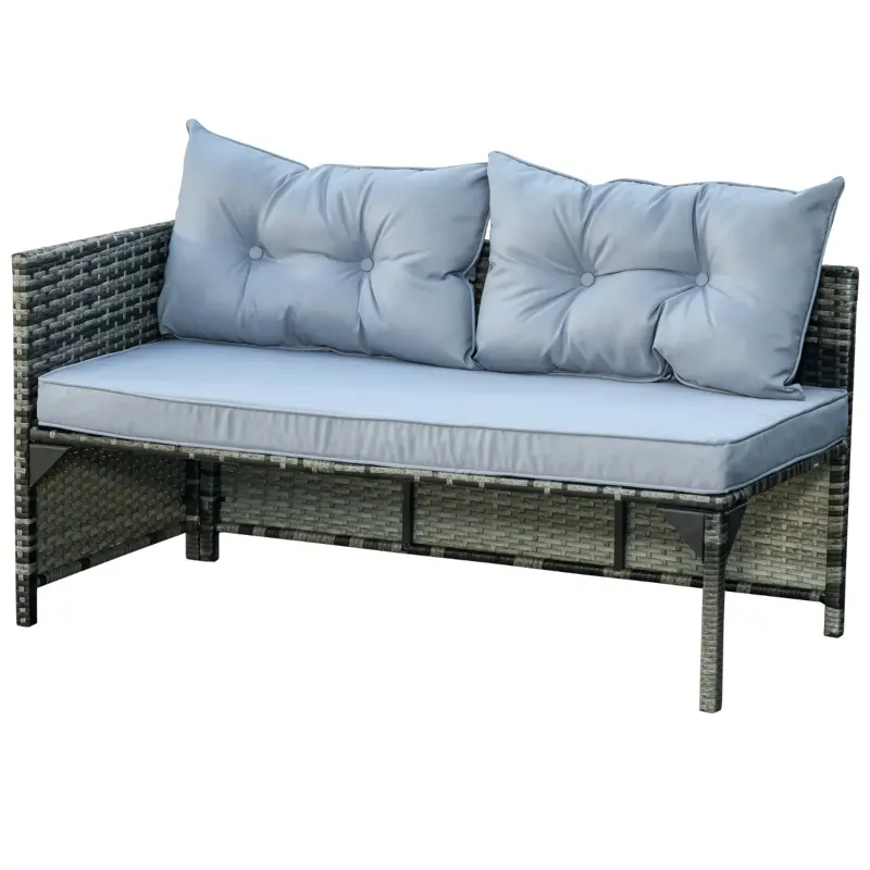 Outsunny 3 Piece Patio Furniture Set, Rattan Outdoor Sofa Set with Chaise Lounge & Loveseat, Soft Cushions, Tempered Glass Table, L-Shaped Sectional Couch, Light Gray