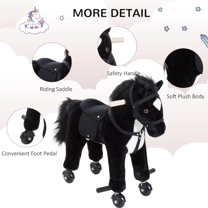 Qaba Kids Interactive Plush Mechanical Walking Ride On Horse Toy with Wheels - Black