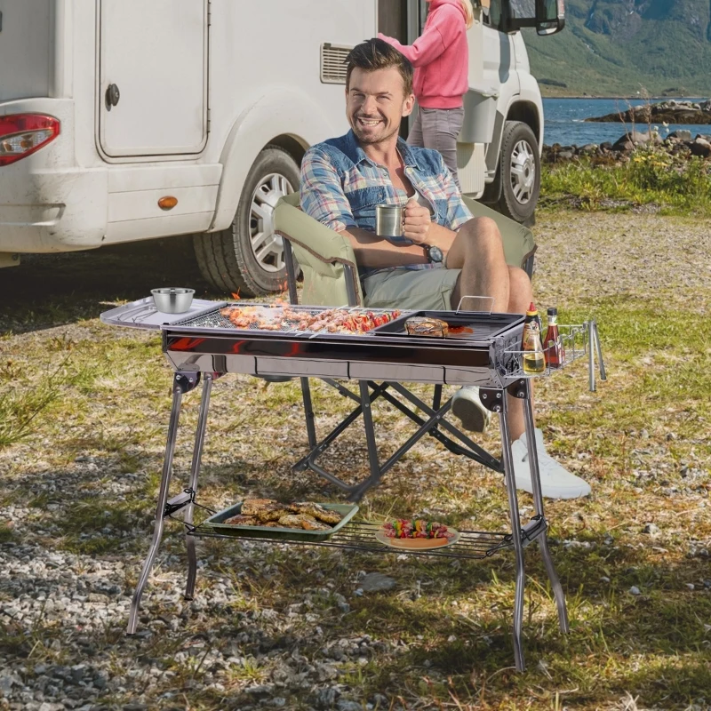Outsunny Charcoal Barbecue Grill Stainless Steel Portable Folding Charcoal BBQ Grill Stainless Steel Camp Picnic Cooker
