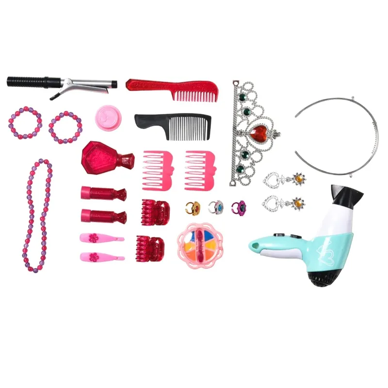 Qaba 2 In 1 Musical Piano Kids Dressing Table Set, 32 PCS Vanity Make Up Desk, Magic Glamour Princess Mirror, w/ Beauty Kit, Mirror, Stool, Light, Hair Dryer, for 3-6 Years Old, Pink, Blue