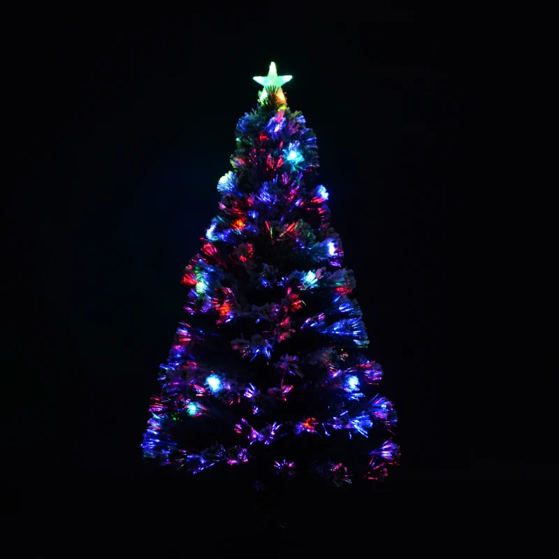 HOMCOM 5ft Xmas Tree Pre-Lit LED Optic Fiber with Top Star Christmas Tree Fireproof Snowy Artificial Tree w/ Stand Green/White