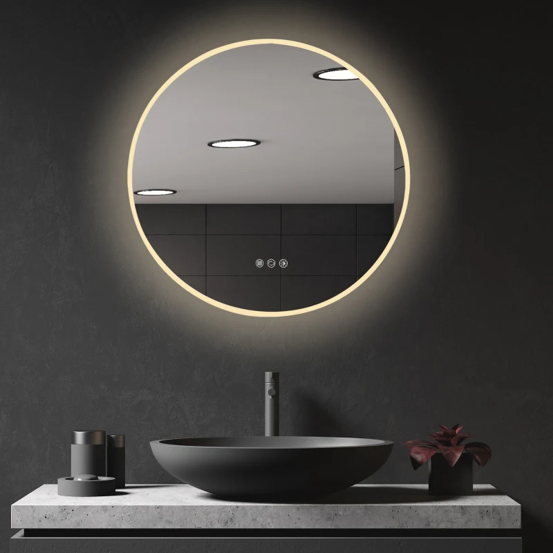 kleankin 24"x24" Round LED Bathroom Mirror with Defogging Function, Touch Switch, and 3 Color White Temperatures