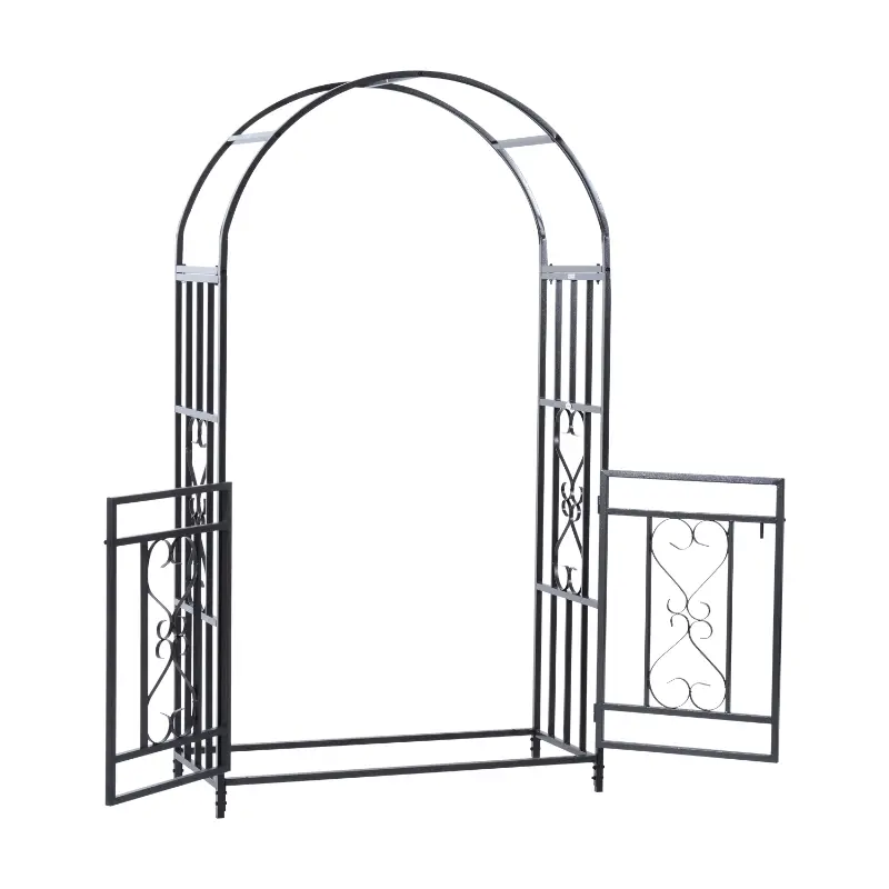 Outsunny 81" Metal Garden Arbor with Double Doors, Locking Gate, Climbing Vine Frame with Heart Motifs, Arch for Wedding, Bridal Party Decoration, Grey