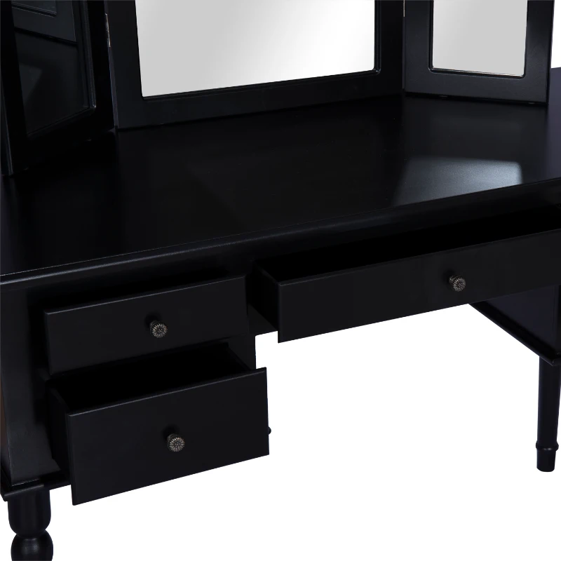 HOMCOM 63"H Elegant Vanity Table Set Tri-Fold Mirrored Make-Up Dressing Table with Cushioned Stool 5 Drawer Black