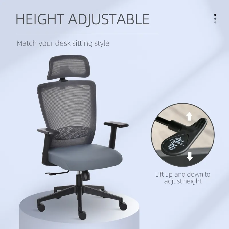 Vinsetto Mesh Office Chair with Lumbar Back Support High Back Swivel Task Chair, Adjustable Height Head Pillow, Blue Grey