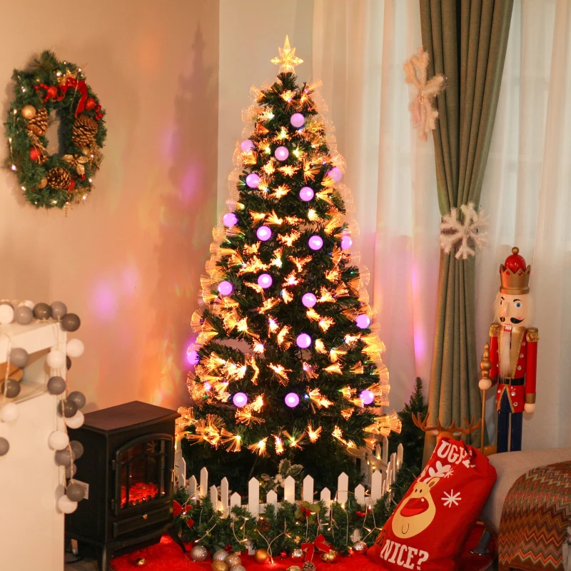 HOMCOM 6ft Christmas Tree Pre-Lit Artificial with Pink and Yellow Fiber-Optic Ball LED Lights