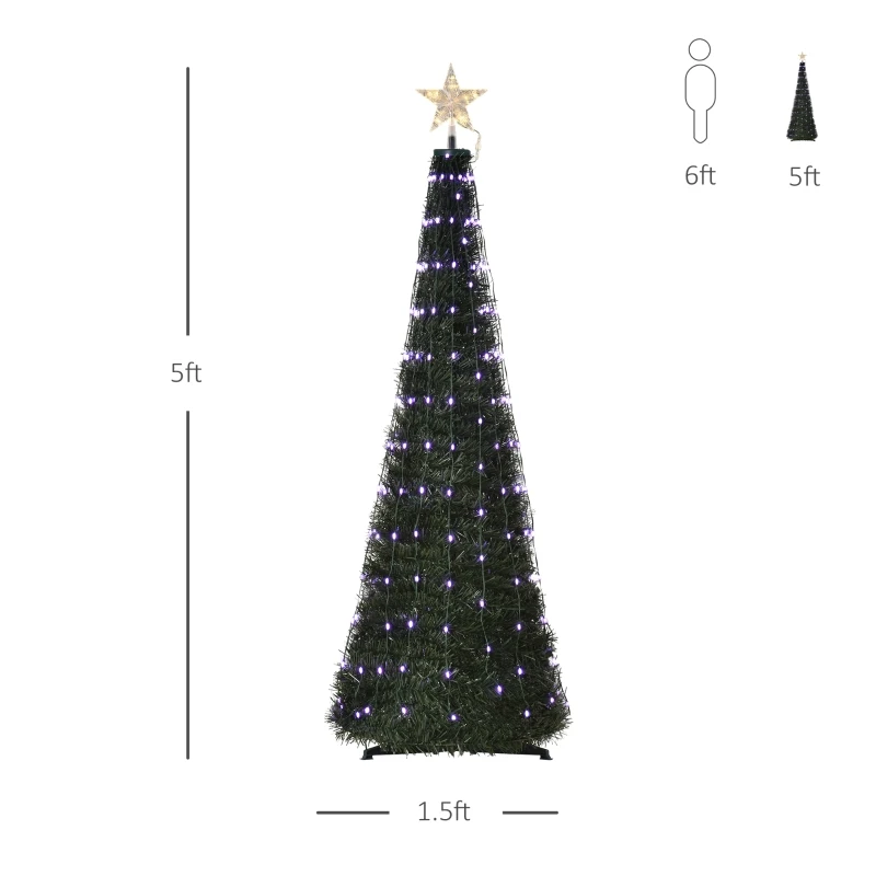 Outsunny 5ft Tall Pre-lit Slim Artificial Outdoor Christmas Tree Easy Assembly Pull Up Pop Out Yard Decoration with 234 Multi-Color LED Lights