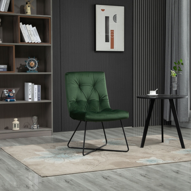 HOMCOM Modern Comfort Style Leisure Accent Chair with X-Shaped Metal Base and Straight Back for Living Room Dining Room Office Green