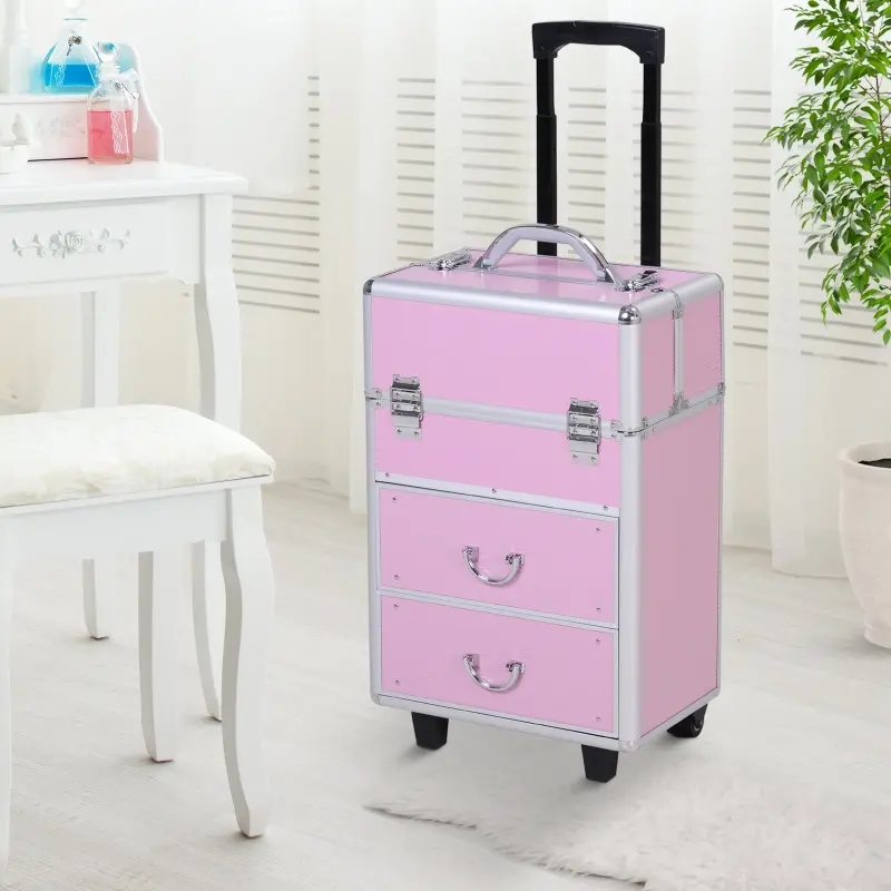 HOMCOM Professional Rolling Full Makeup Travel Train Case, Large Storage Cosmetic Trolley with Folding Trays, Drawer and Locks, Bubblegum Pink