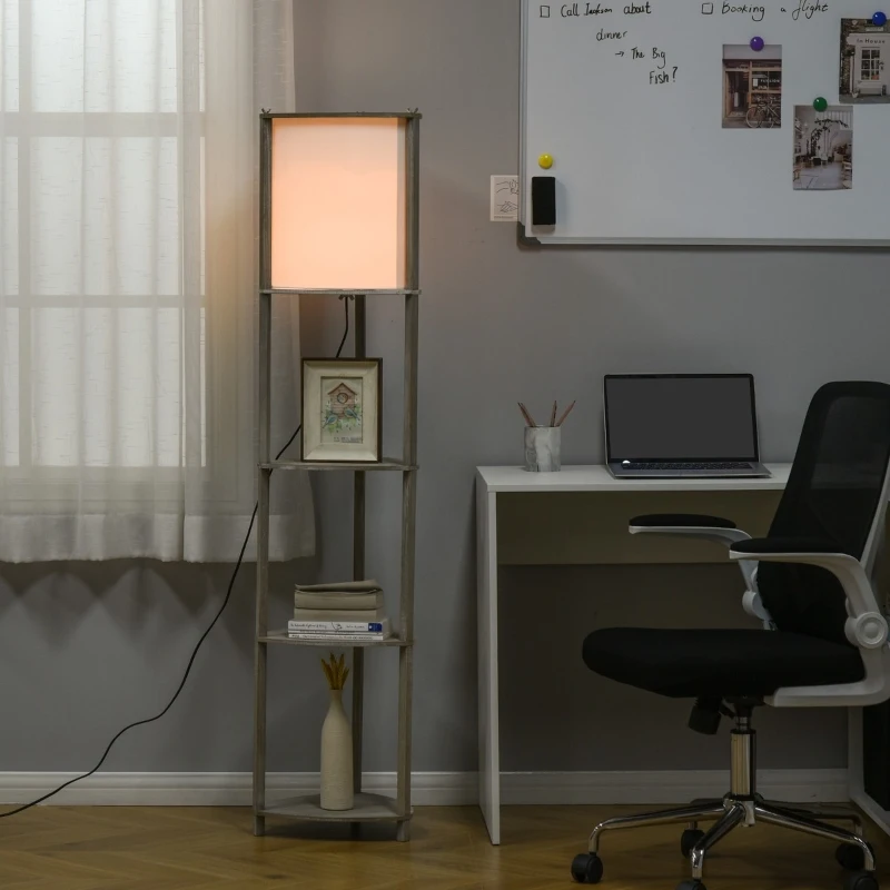HOMCOM Floor Lamp with Display Shelves, Modern Standing Lamps with Footswitch, Solid Wood Nightstand Tower Lamp for Living Room Bedroom and Office