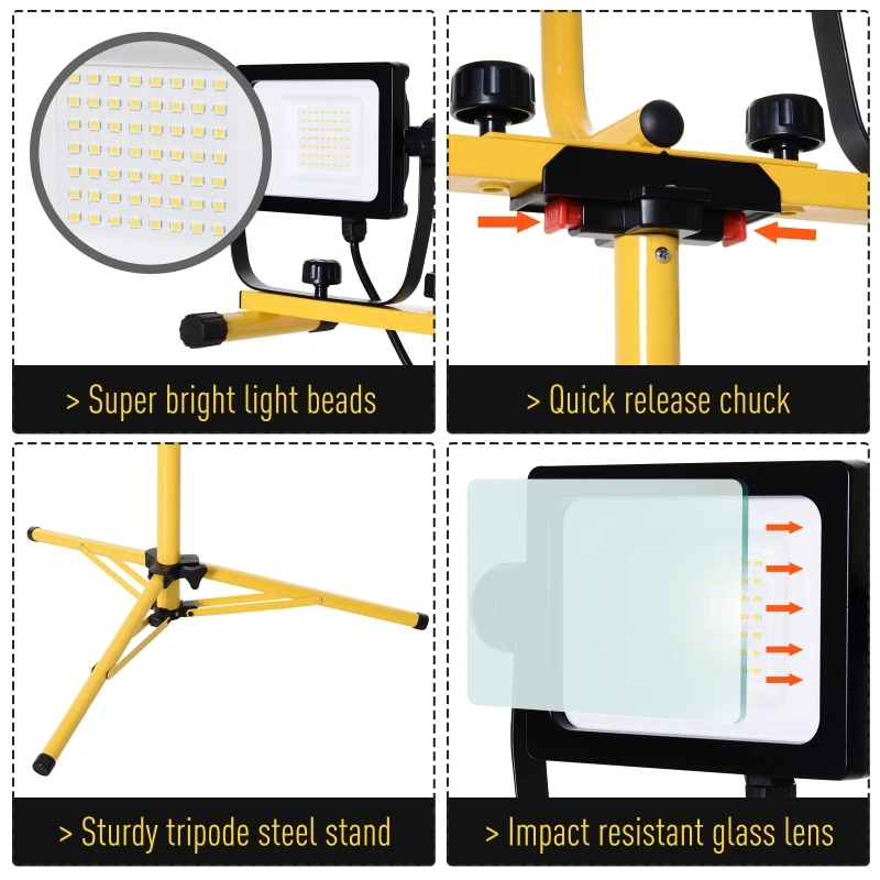 HOMCOM 14,000 Lumen Dual Head LED Work Lights Weather Resistant with Telescoping Adjustable Tripod Stand, Rotating Lamps