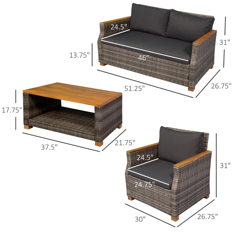 Outsunny 4 Piece Patio PE Rattan Wicker Sofa Set with Acacia Wood Coffee Table, 2 Comfort Single Chairs & 2 Person Couch