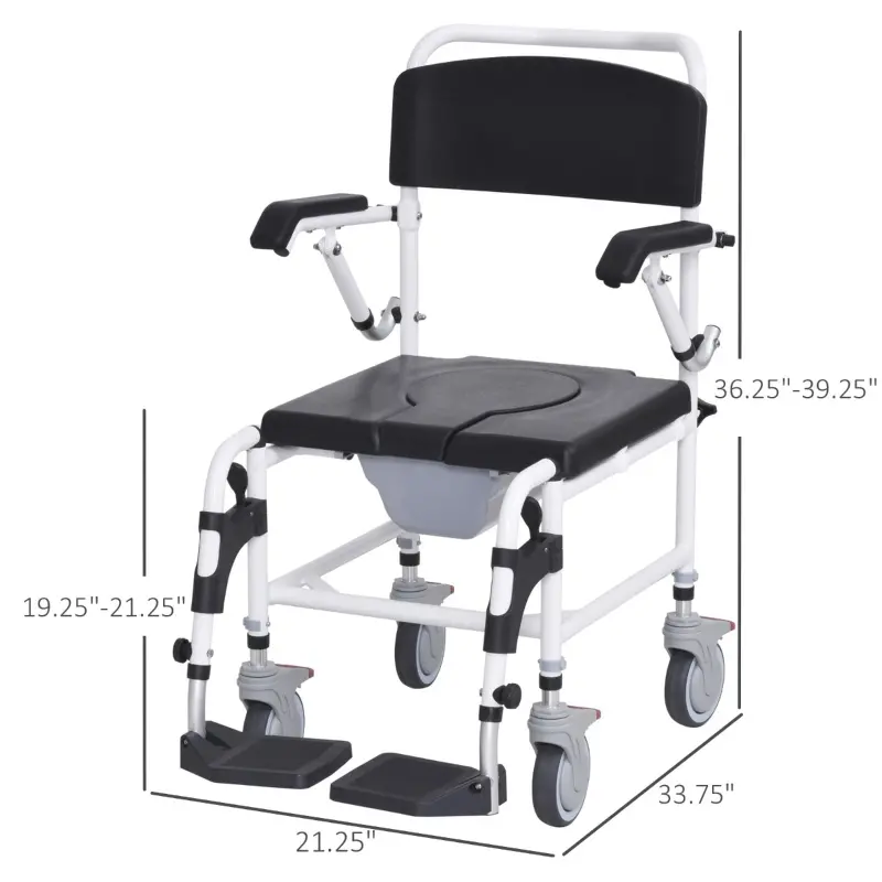 HOMCOM Accessibility Commode Wheelchair, Rolling Shower Wheelchair with 4 Castor Wheels, Rectangle Detachable Bucket, & Waterproof Design, 17" Seat Width, Black