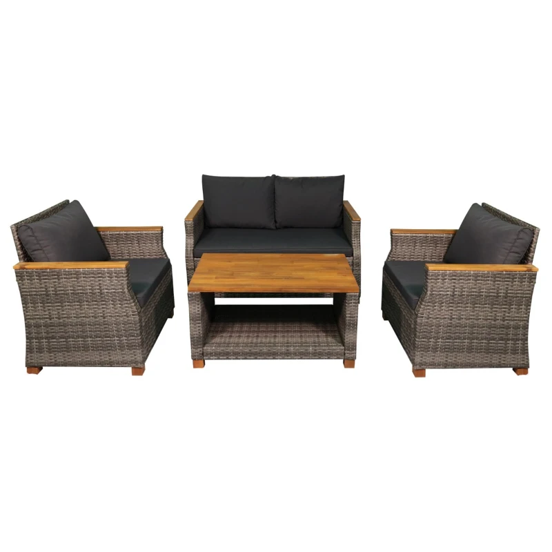 Outsunny 4 Piece Patio PE Rattan Wicker Sofa Set with Acacia Wood Coffee Table, 2 Comfort Single Chairs & 2 Person Couch