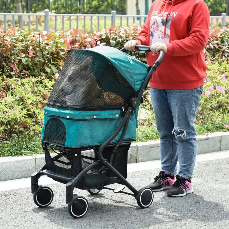 PawHut Travel Pet Stroller for Dogs, Cats, One-Click Fold Jogger Pushchair with Aluminum Frame, EVA Wheels, Brakes, Basket Storage, Safety Belts, Adjustable Canopy, Zippered Mesh Window Door, Blue