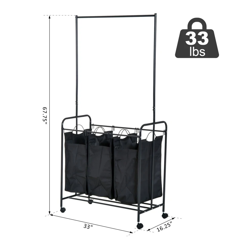 HomCom 3 Bag Heavy Duty Divided Laundry Hamper Sorter Cart With Wheels And Hanging Bar - Black